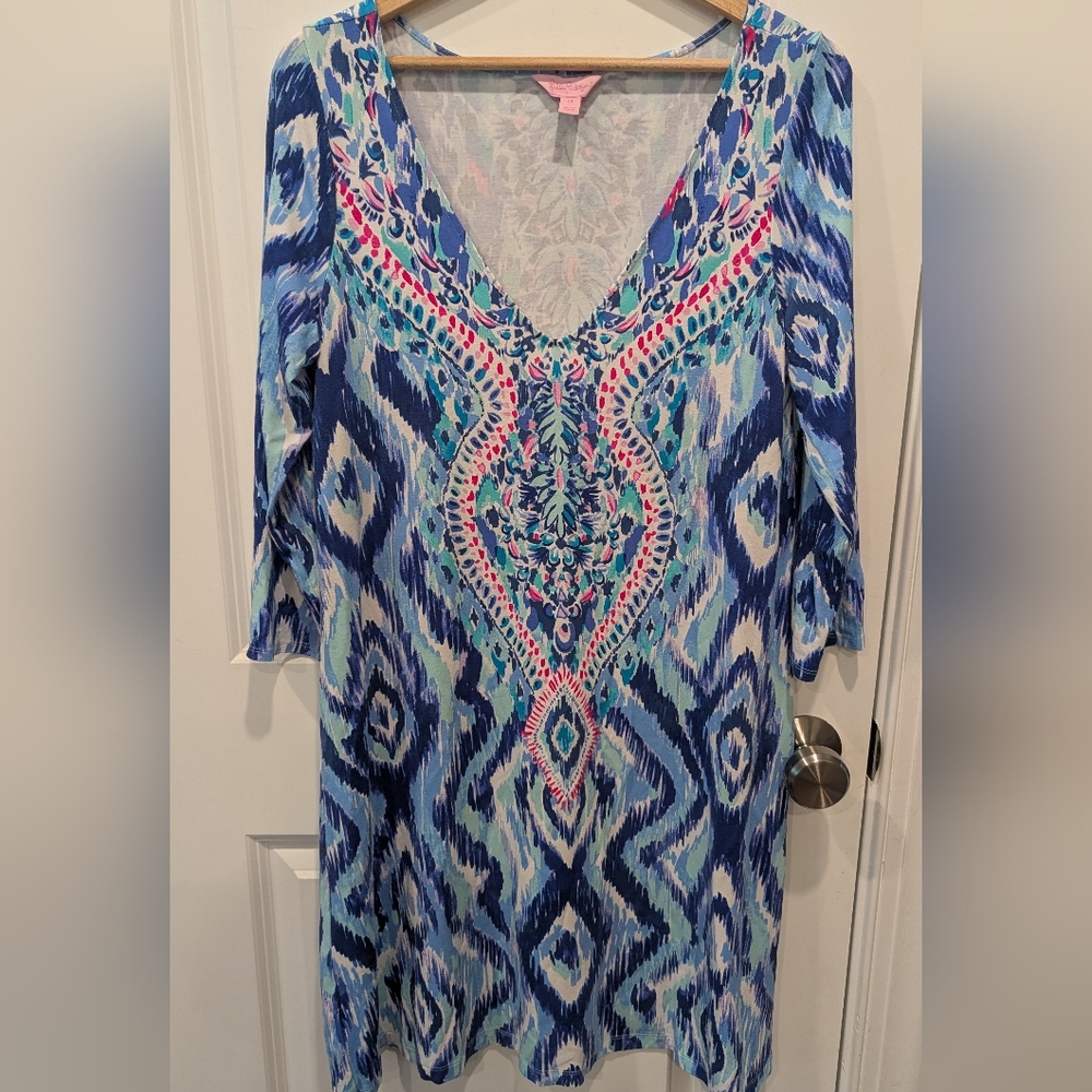 Lilly Pulitzer Dress Ophelia Blue Swish Skipped a Beach Engineered Swing Tunic M